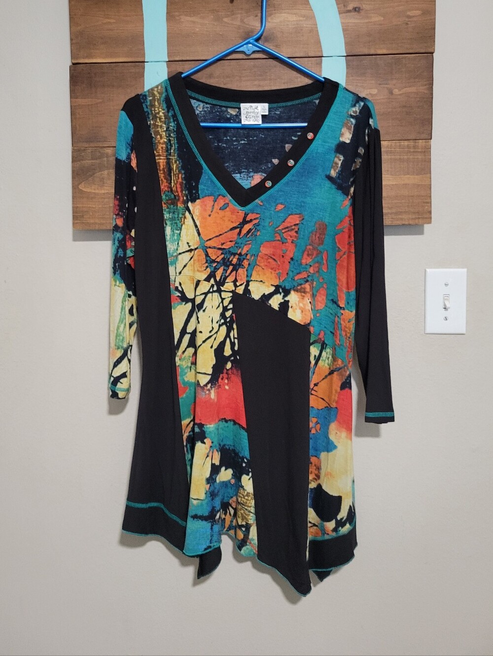 Parsley & Sage Teal Multicolor Artzy Abstract V-Neck Tunic Size Large